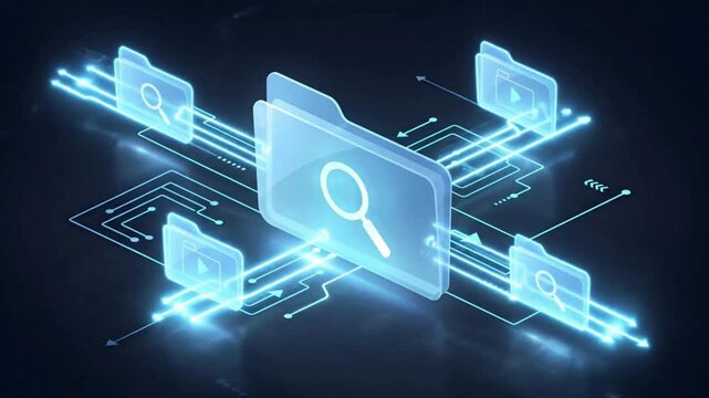 Digital search engine interface animation video, cloud data network connection, online information technology background, futuristic web browsing concept