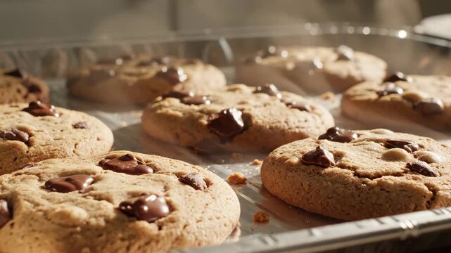 Freshly baked chocolate chip cookies cooling on a baking sheet with steam rising