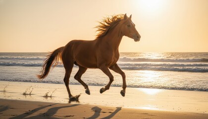 Majestic brown horse galloping joyfully along a sandy beach at sunset with ocean waves crashing and golden sunlight illuminating the scene.