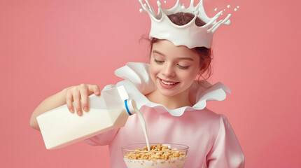 Fototapeta premium Preteen girl wearing milk crown pouring milk into cereal bowl. Surreal breakfast concept with child in pink dress against pink background.