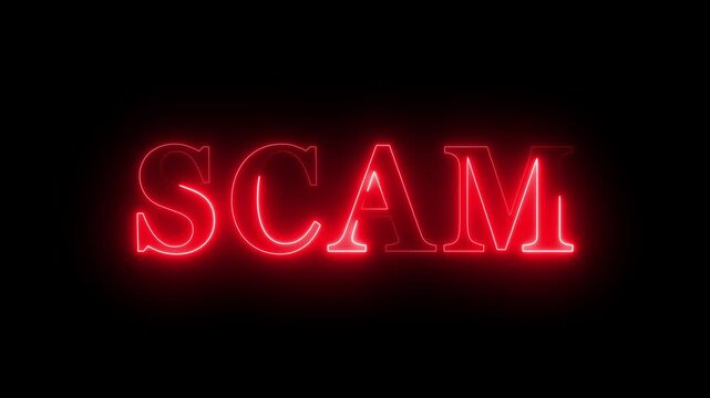 Glowing neon inscription scam alert,  cyber security and awareness security and data breach alert, hack and malware detected concept,
