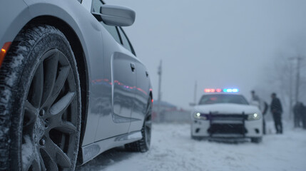 Close-up view of a silver car wheel covered in frost and snow on a winter road with a police vehicle and emergency lights blurred in the background during a traffic stop or accident investigation