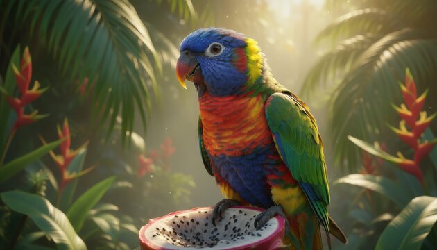 Vibrant Rainbow Lorikeet Parrot Perched on Dragonfruit Slice Amidst Lush Tropical Foliage