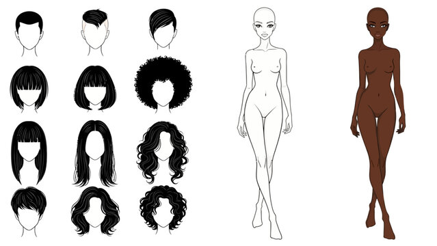 Diverse collection of character hairstyles showcasing various lengths, textures, and styles, paired with adaptable fashion croquis templates, ideal for design projects and creative style exploration