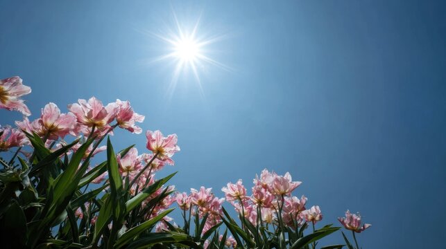 Bright sunlight illuminates delicate pink blossoms against a clear blue sky