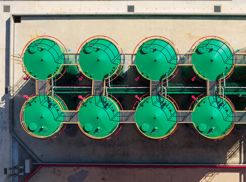 Aerial View Green Petrochemical Storage Tanks