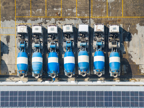 Aerial View of Concrete Mixer Trucks at Cement Plant