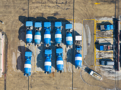Aerial View of Cement Mixer Truck Fleet at Concrete Plant