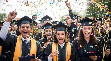 Obraz premium Joyful diverse graduates celebrating commencement ceremony throwing confetti.