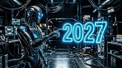 Fototapeta premium Robot presenting glowing 2027 number in industrial tech room. New Year 2027 futuristic concept.