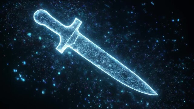 Futuristic Digital Hologram of a Dagger Forming from Glowing Blue Light Particles on Black Background