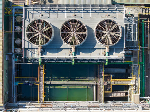 Aerial of Chemical Fiber Plant Rooftop Cooling System Structure