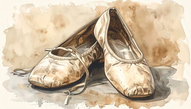 Watercolor illustration of worn ballet shoes