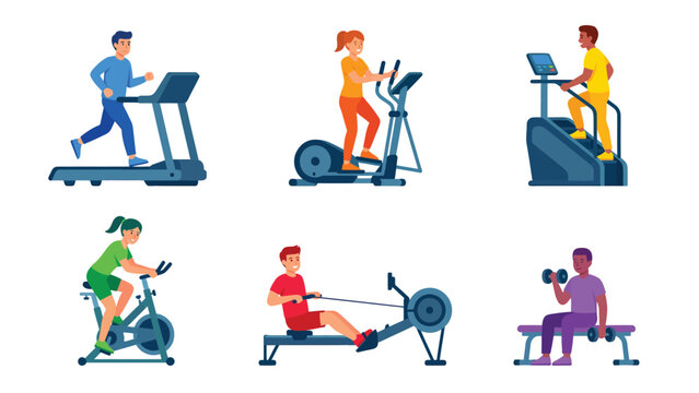 Gym Workout Set: Diverse People Exercising with Cardio and Strength Training Equipment. Treadmill, Elliptical, Bike, Rower, Weights