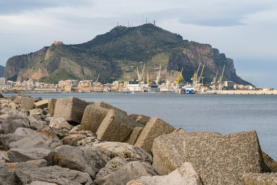 Rocky Breakwater with Mountain View
