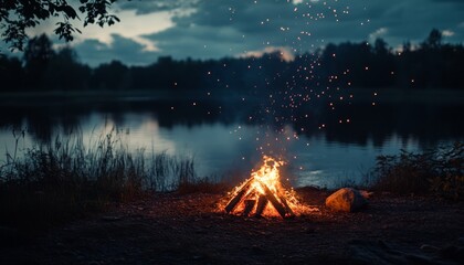 Captivating campfire illuminating the serene lake at dusk with rising sparks against a backdrop of twilight colors