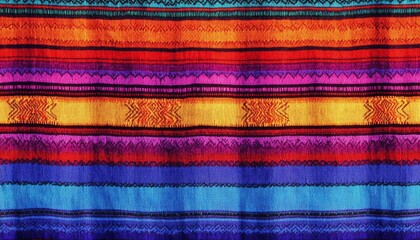 Colorful woven fabric showcasing intricate patterns and vibrant stripes in bold hues of red, blue, and orange