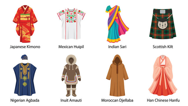 Traditional World Clothing Set. Diverse Cultural Garments and National Costumes Icons. Global Fashion Collection Illustration.