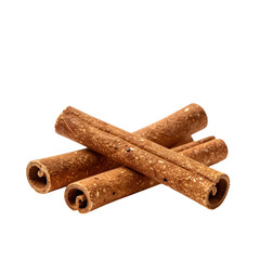 Cinnamon sticks are stacked against a clean white background, casting subtle shadows