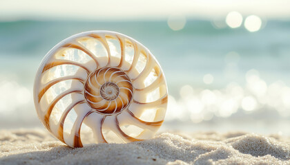 Large Nautilus Shell on Bright Sandy Beach Near Water, Elegant Tropical Seaside Advertising Photography