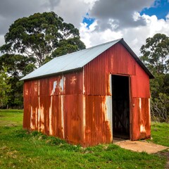 Weathered, rusty shed with open door, set against a green field and trees