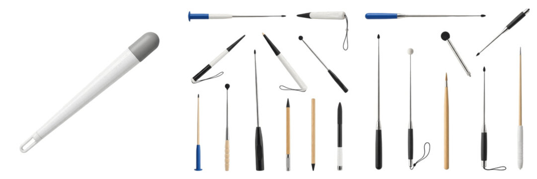 Set and collection of professional telescopic pointers, extendable teaching batons, and handheld presentation sticks with various handles and tips isolated on white transparent PNG background