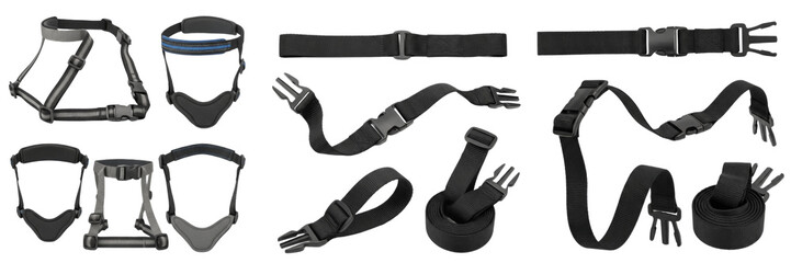 Set and collection of professional black nylon webbing straps, adjustable chin straps for safety...