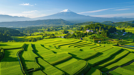 green rice field with traditional Japanese local village of Japan at Mount Fuji, one of the most visit destination of the world for traveler.