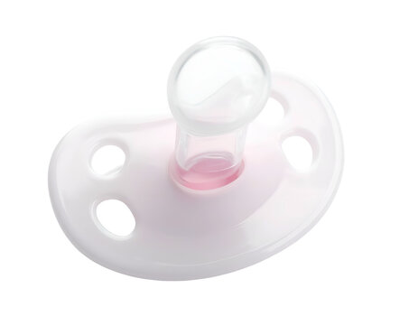 Soft pink pacifier with a clear nipple and shield