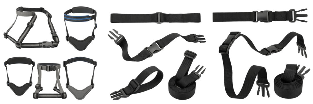 Set and collection of professional black nylon webbing straps, adjustable chin straps for safety helmets, and heavy-duty replacement straps with quick-release buckles isolated on white transparent PNG