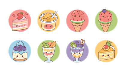 Cute Kawaii Dessert Food Icons Vector Illustration Set