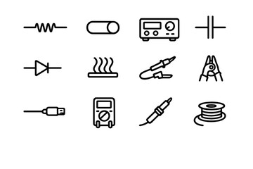 Fototapeta premium Electronic engineering and soldering equipment icons including multimeter soldering iron resistor diode and circuit components on white