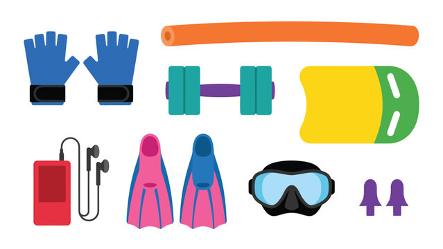 Swimming and Aquatic Fitness Equipment Set. Pool gear, swim accessories, water exercise tools, and training items. Flat vector illustration.