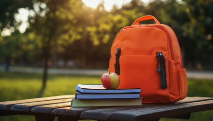 Bright orange backpack resting on wooden table next to shiny apple and stacked books in a sunny outdoor setting