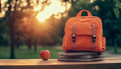 Bright orange backpack sits on a stack of books next to a fresh apple during sunset in a serene outdoor setting