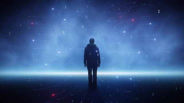 Silhouette of a man standing in smoky blue space with rotating curved lines and binary numbers, futuristic digital technology concept. Seamless looping.