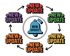 A colorful illustration of a notification bell surrounded by multiple new update alerts in different colors.