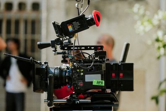 Professional film camera on outdoor movie set