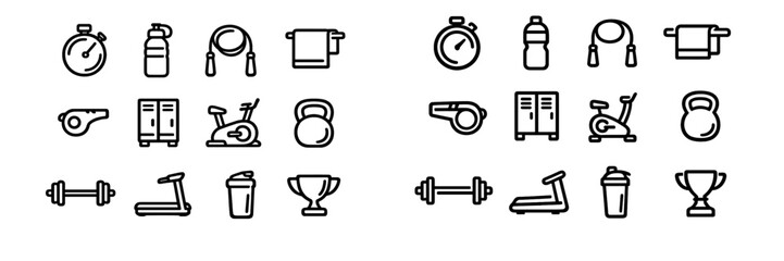 Fitness and gym equipment line icon set with stopwatch water bottle jump rope towel whistle locker exercise bike kettlebell and barbell © PAPA STOCK