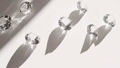 Shimmering crystals arranged artistically on a bright background casting beautiful shadows