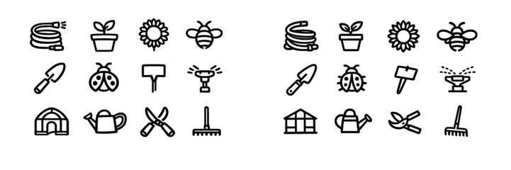 Collection of gardening icons featuring tools plants and insects in a minimalist black line art style on a white background © PAPA STOCK