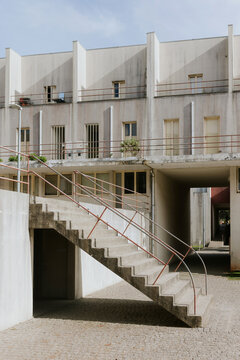 Modern apartment building with concrete staircase