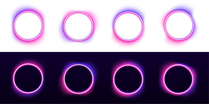 Neon circle emits vibrant pink and purpel glow. Smooth luminous edges enhance dynamic futuristic composition. Perfect for posters.