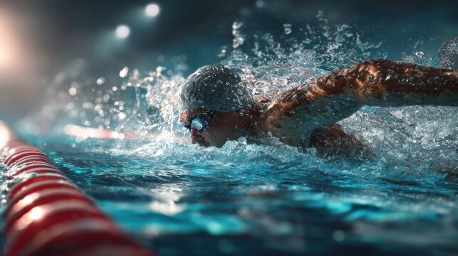 Swimmer in pool with water splash