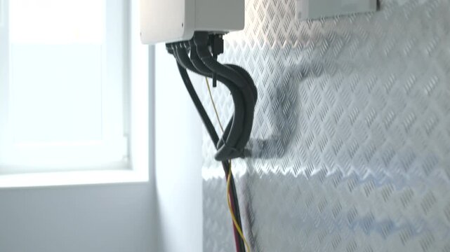 Home solar battery storage module with power cables and connectors.