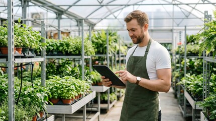 Obraz premium Smiling Male Business Owner Using Digital Tablet to Manage Plant Nursery Inventory in Modern Greenhouse