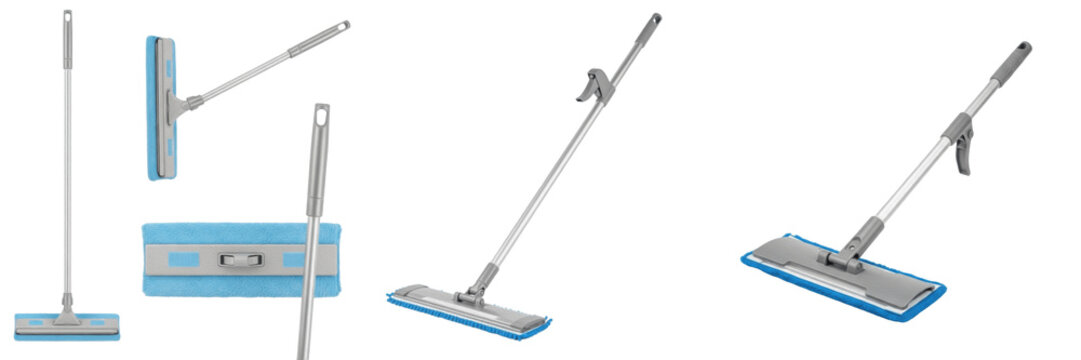 Set and collection of modern microfiber spray mops with swivel head and water tank for professional floor cleaning and home maintenance isolated on white transparent PNG background