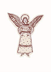 Naklejka premium Cute hand drawn guardian angel illustration motif for religious greetings card. Flat isolated black white graphic design element . Christian easter , christmas and religious sticker print for church 