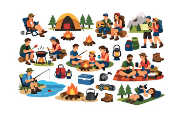 Fototapeta premium People engaging in various outdoor activities like camping, hiking, fishing, and barbecuing, enjoying nature and relaxation