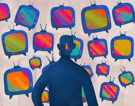 Figure standing among colorful retro televisions